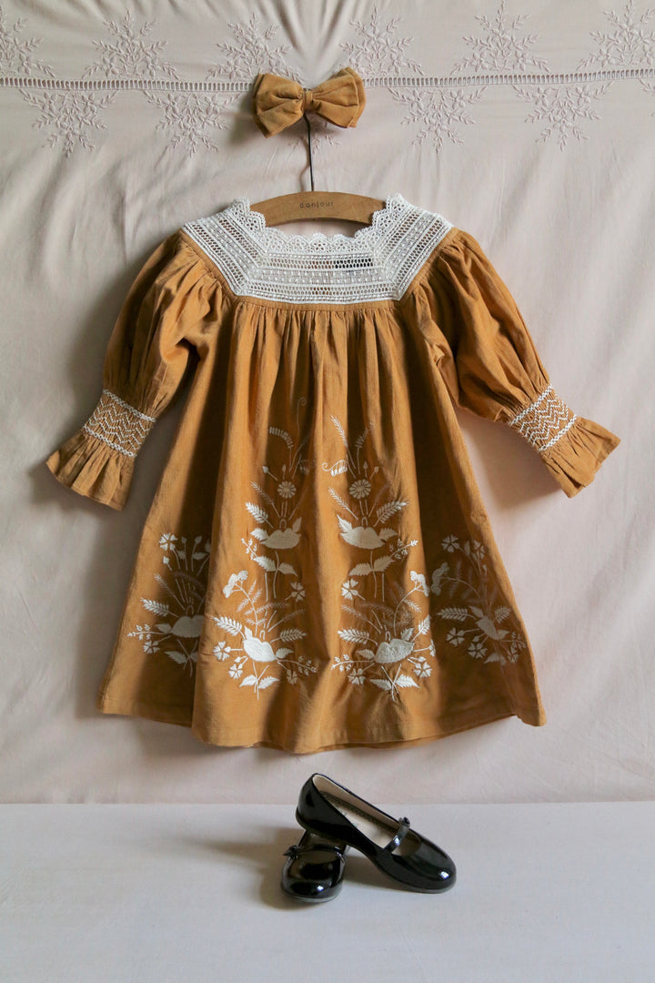 Corduroy Dress & Hairclip in Curry by Bonjour - Petite Belle | UK Stockist