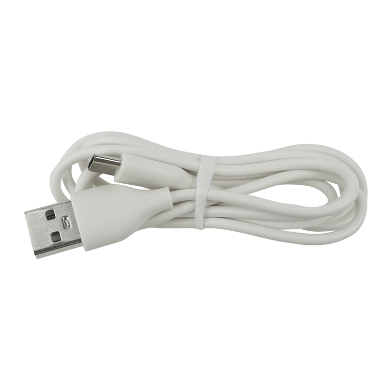 A white USB charging/data cable coiled with a USB-A connector on one end and a USB-C connector on the other, secured with a white tie-wrap, shown on a plain white background.