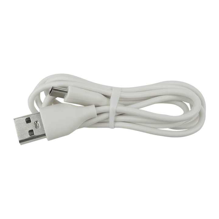 A white USB charging/data cable coiled with a USB-A connector on one end and a USB-C connector on the other, secured with a white tie-wrap, shown on a plain white background.