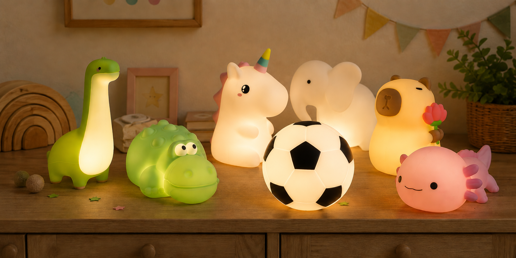 A collection of cute, animal-shaped LED night lights glowing on a wooden shelf in a cozy room. The lights include a green dinosaur, a green frog, a white unicorn, a white elephant, a yellow duck, a pink axolotl, and a black-and-white soccer ball.