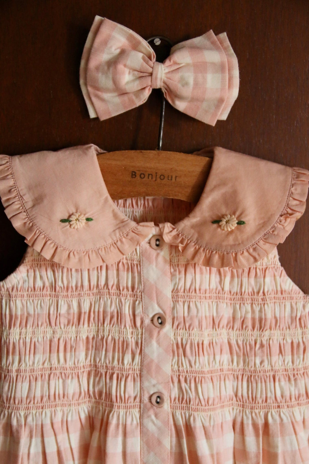 Embroidered Tunic & Hairclip in Pink Vichy by Bonjour - Petite Belle