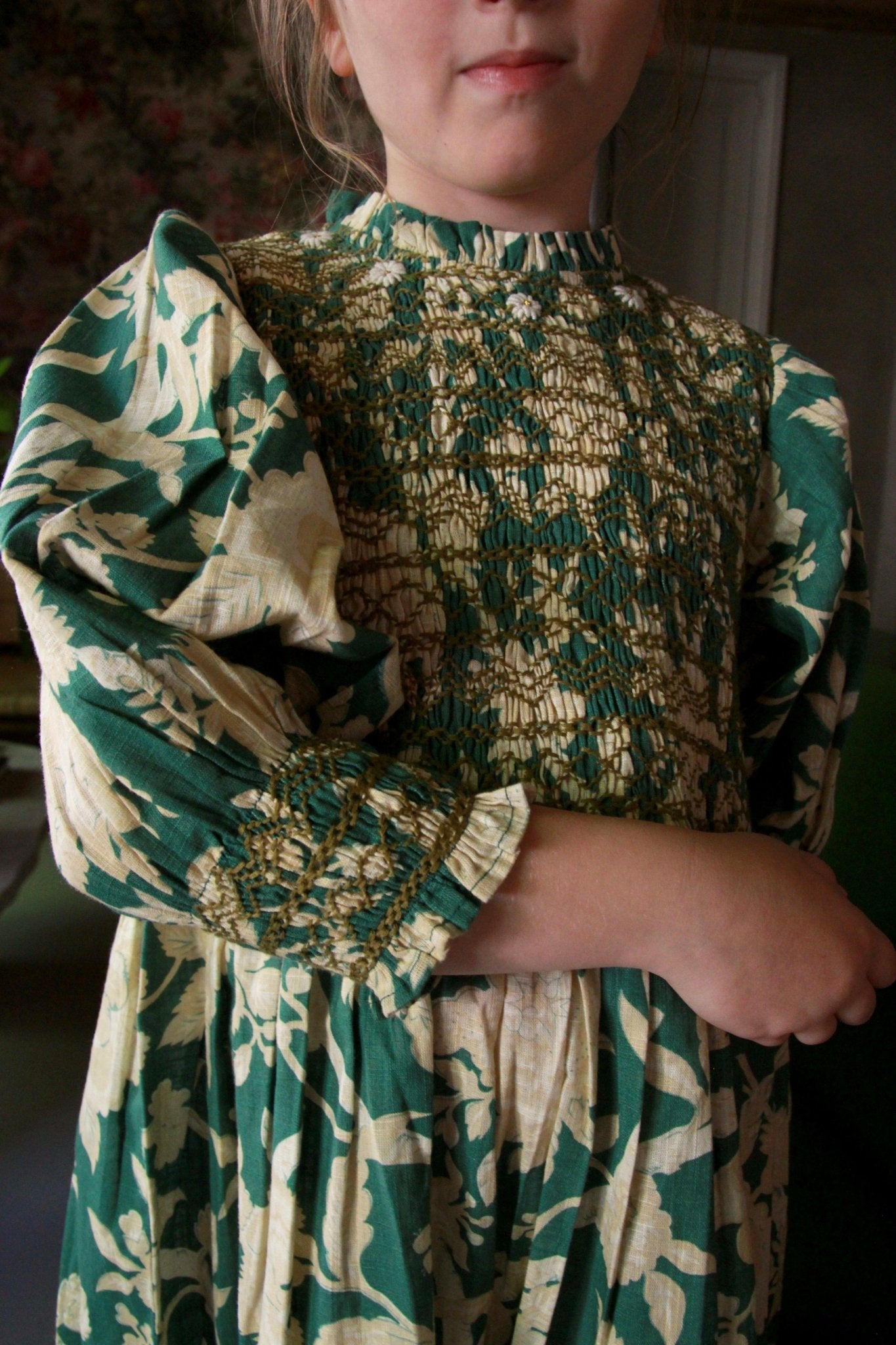 Handsmock Dress in Autumnal Green by Bonjour - Petite Belle