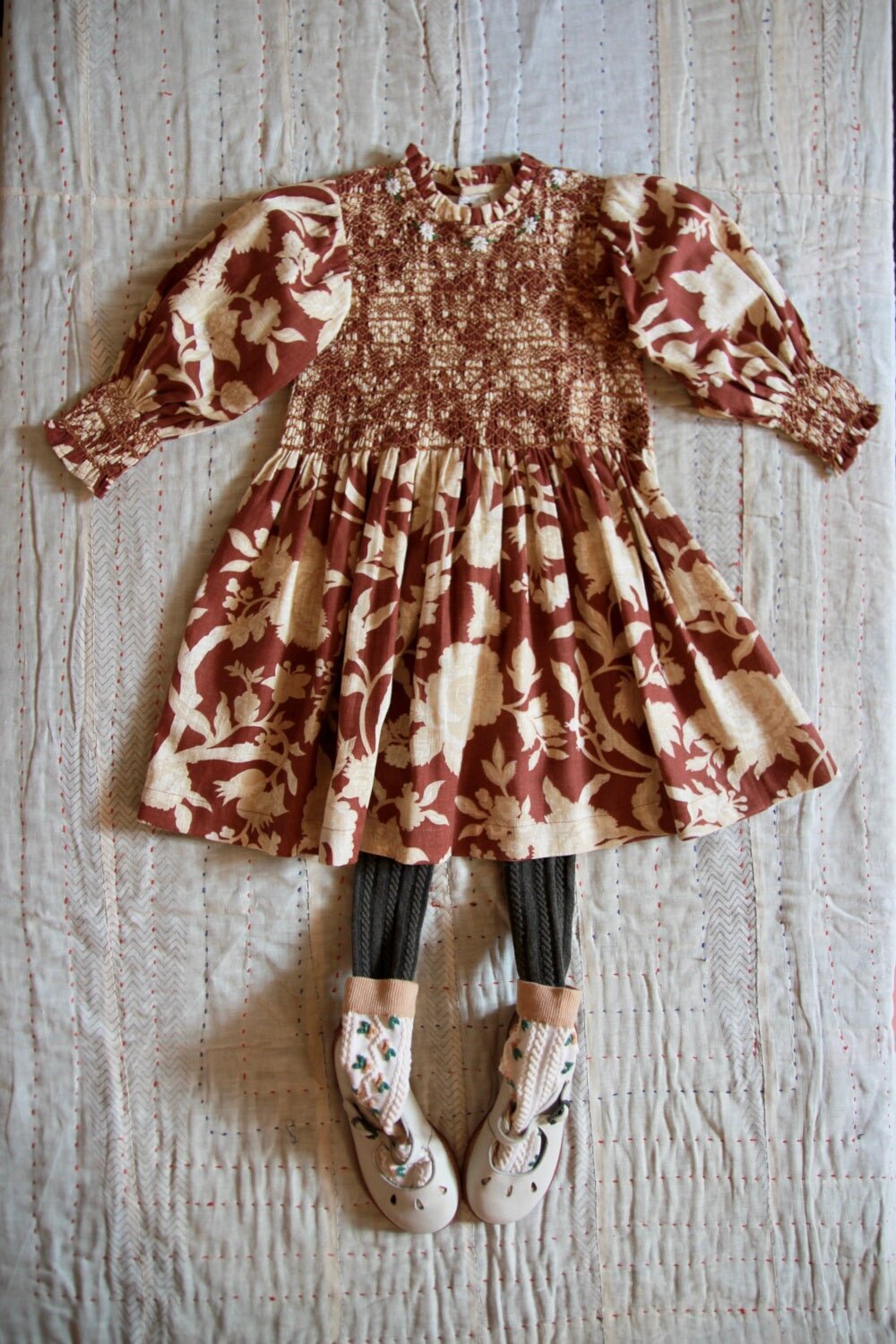 Handsmock Dress in Autumnal Red Brown by Bonjour - Petite Belle