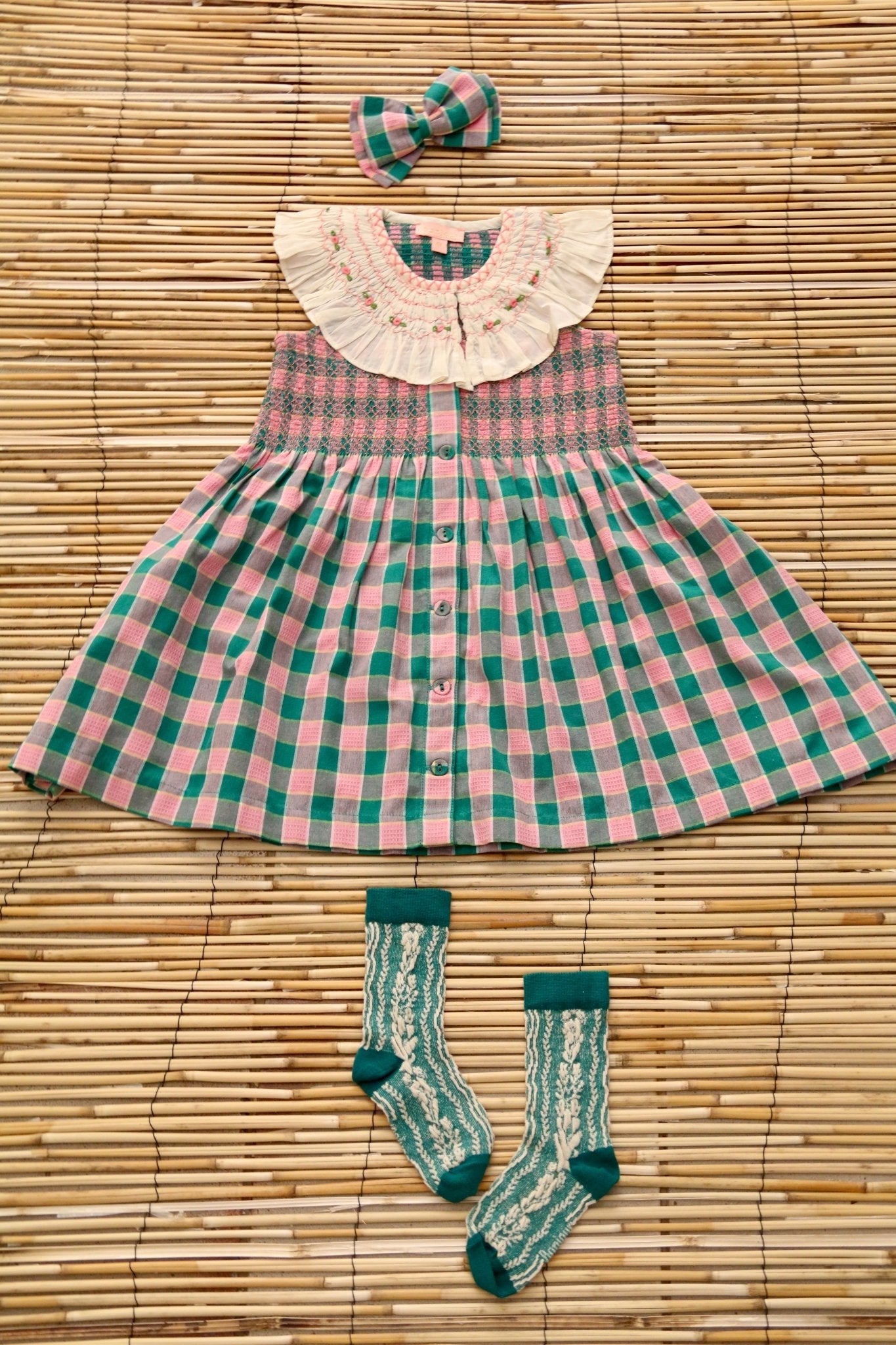 Ibiza Dress & Hairclip in Pink Green Honeycomb by Bonjour