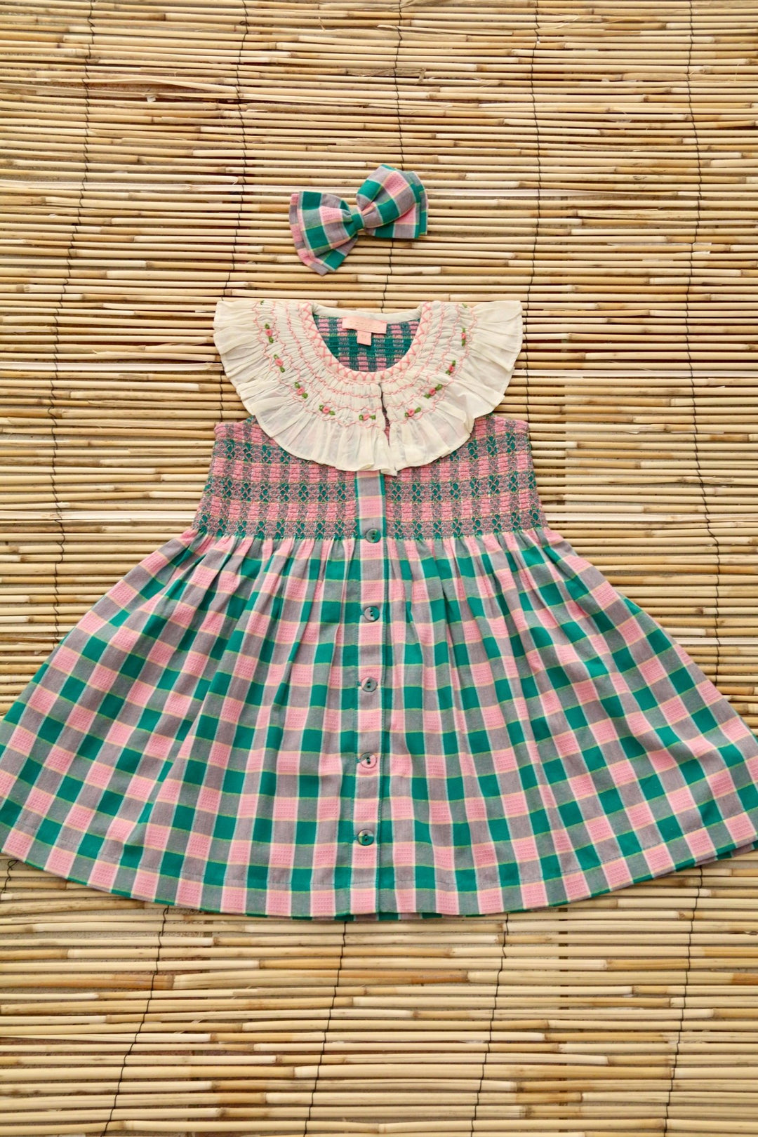 Ibiza Dress & Hairclip in Pink Green Honeycomb by Bonjour - Petite Belle