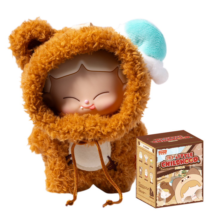 Plush toy in a brown hood with a matching box on a white background