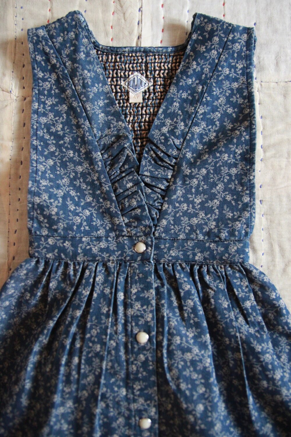 New Apron Dress in Blue Denim Flower Print by Bonjour Diary - Petite Belle