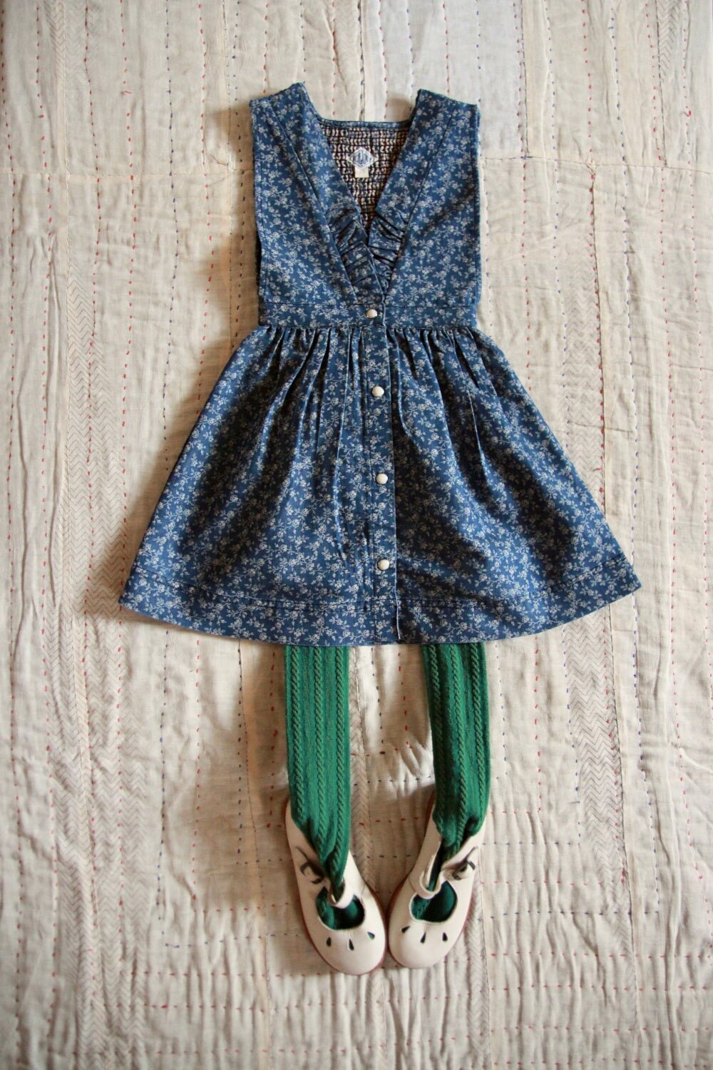 New Apron Dress in Blue Denim Flower Print by Bonjour Diary - Petite Belle