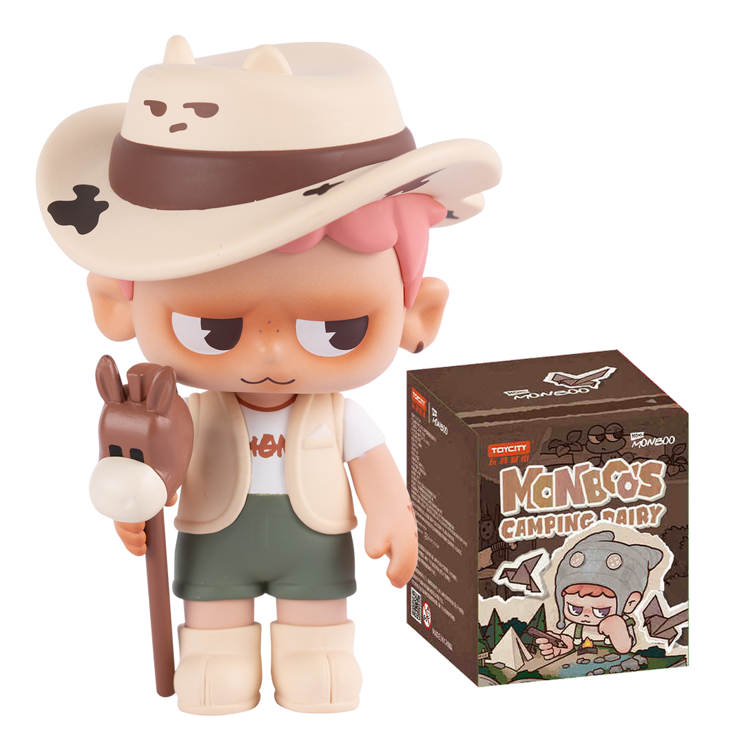 Toy figure with cowboy hat and donkey next to its packaging on a white background