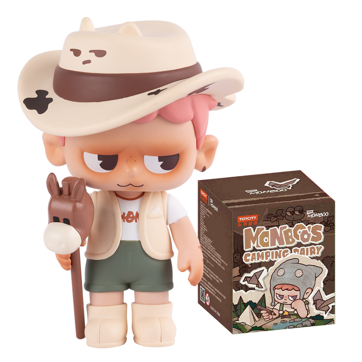 Toy figure with cowboy hat and donkey next to its packaging on a white background
