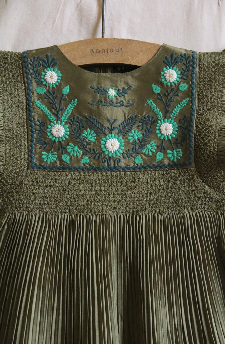 Pleated Dress in Khaki by Bonjour - Petite Belle
