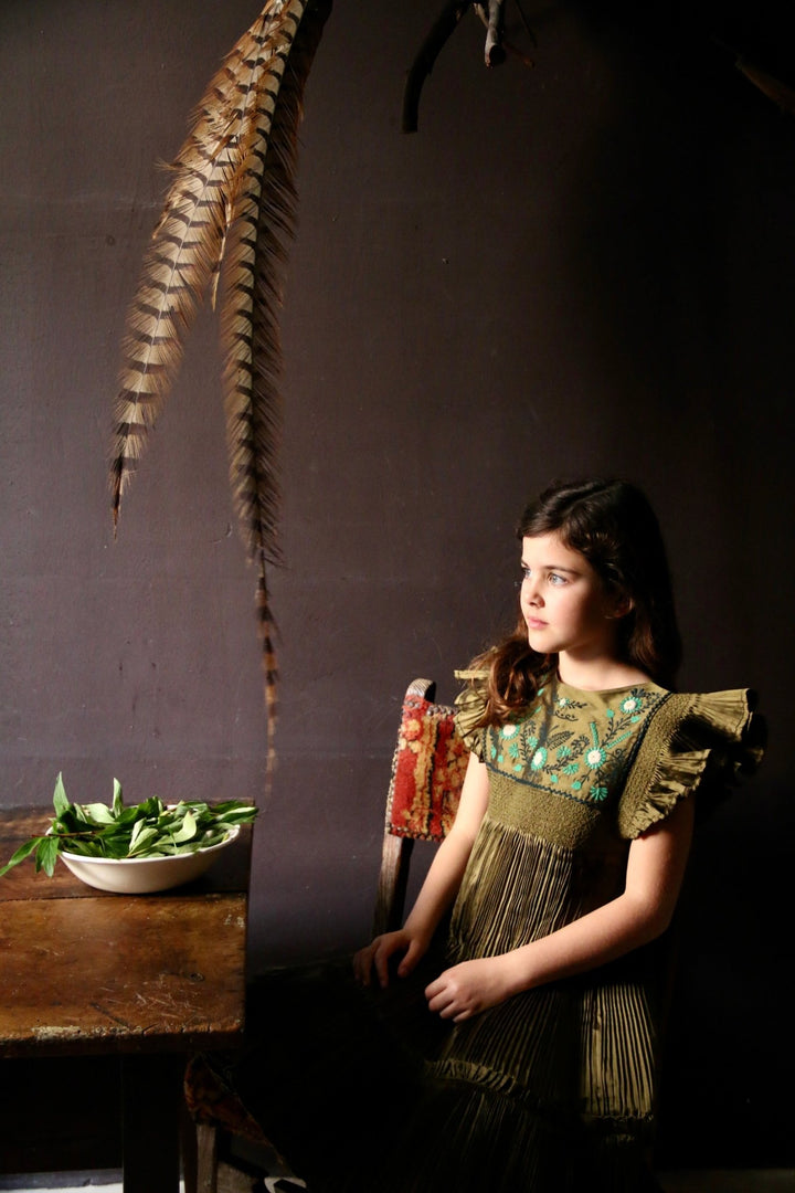Pleated Dress in Khaki by Bonjour - Petite Belle