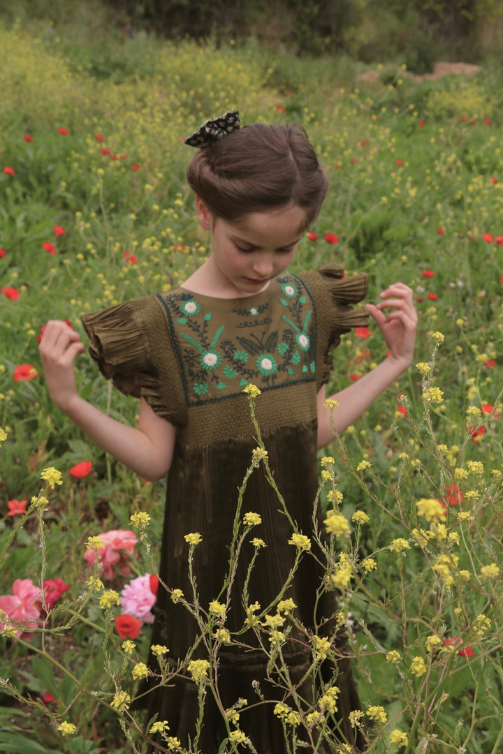 Pleated Dress in Khaki by Bonjour - Petite Belle