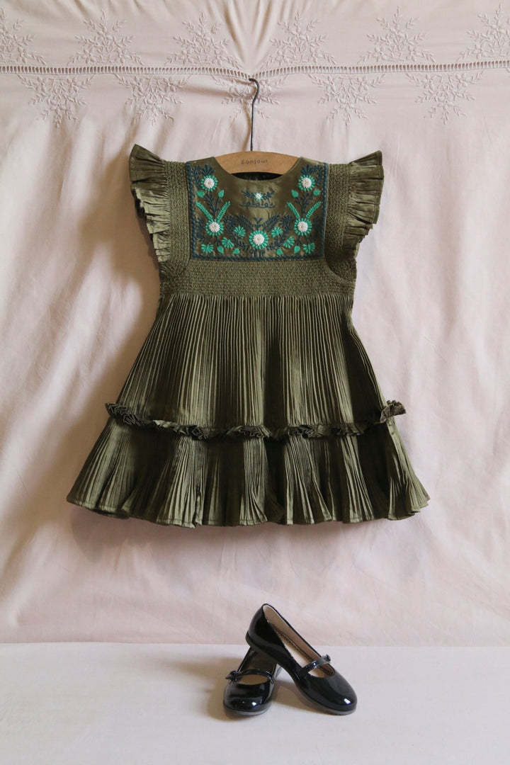 Pleated Dress in Khaki by Bonjour - Petite Belle