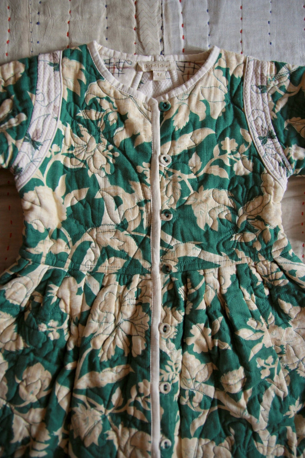 Quilted Coat Dress in Autumnal Green Flowers by Bonjour - Petite Belle