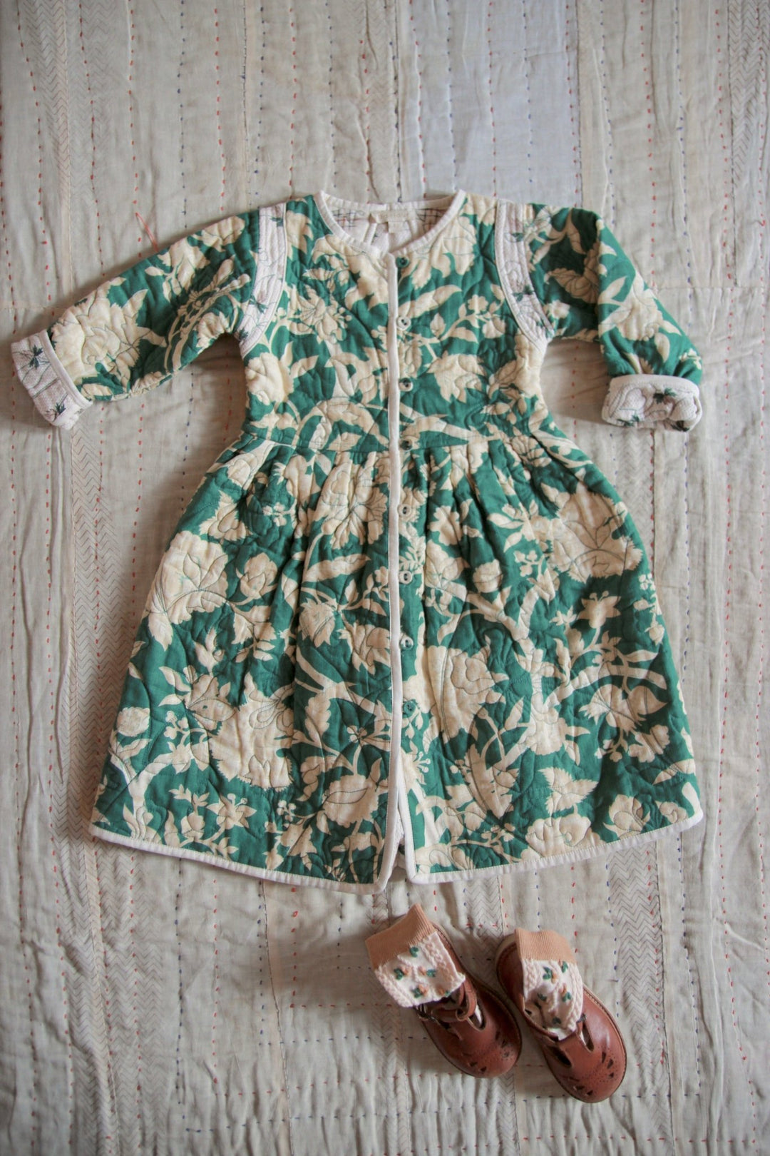 Quilted Coat Dress in Autumnal Green Flowers by Bonjour - Petite Belle