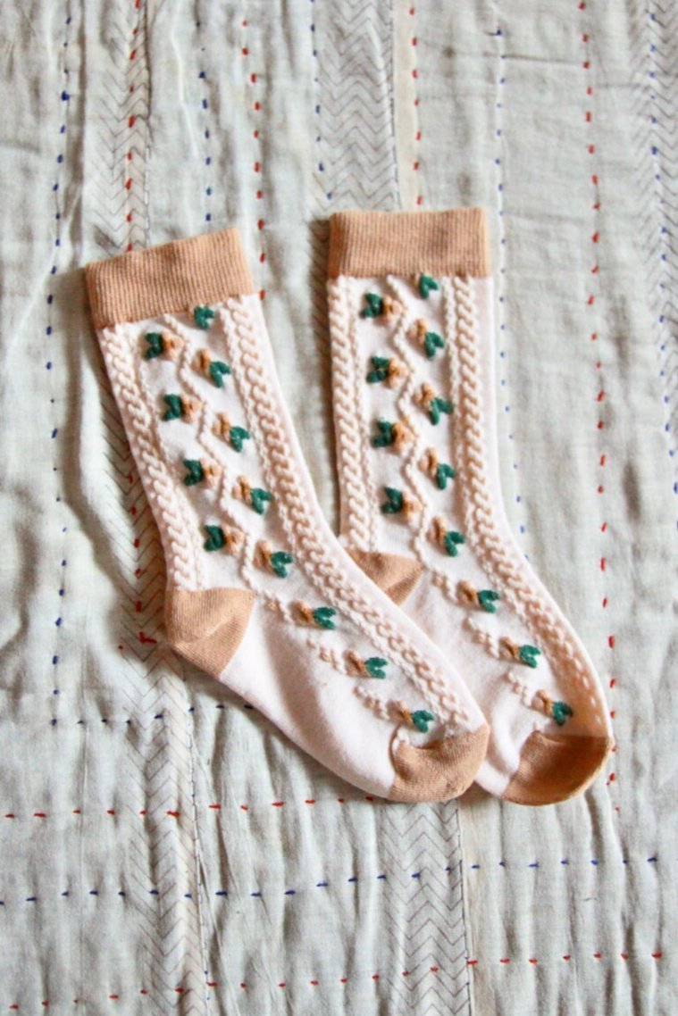 Relief Flowers Socks in Natural by Bonjour - Petite Belle