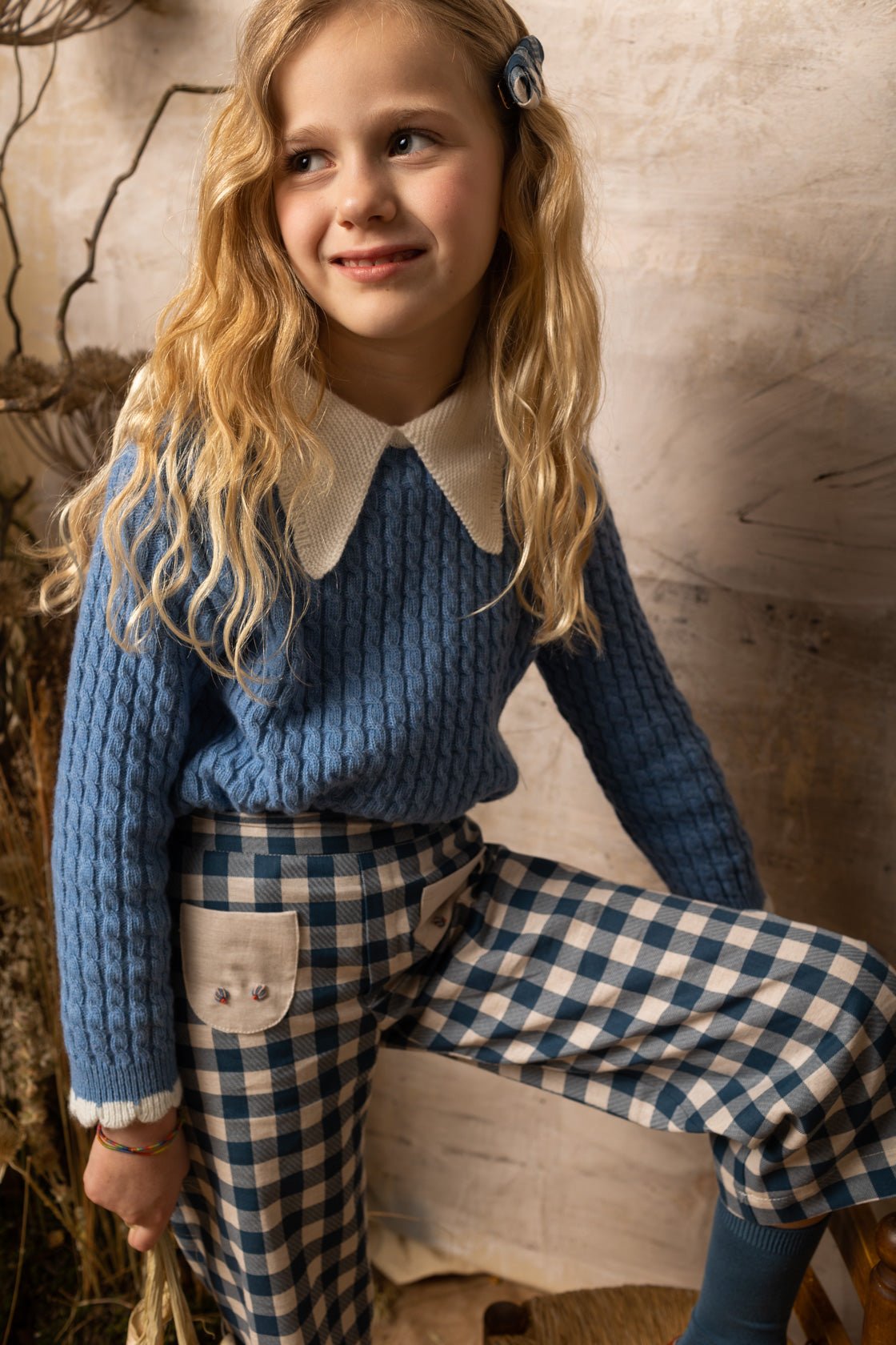 Navy Gingham Flared Trousers by Birinit Petit - Petite Belle