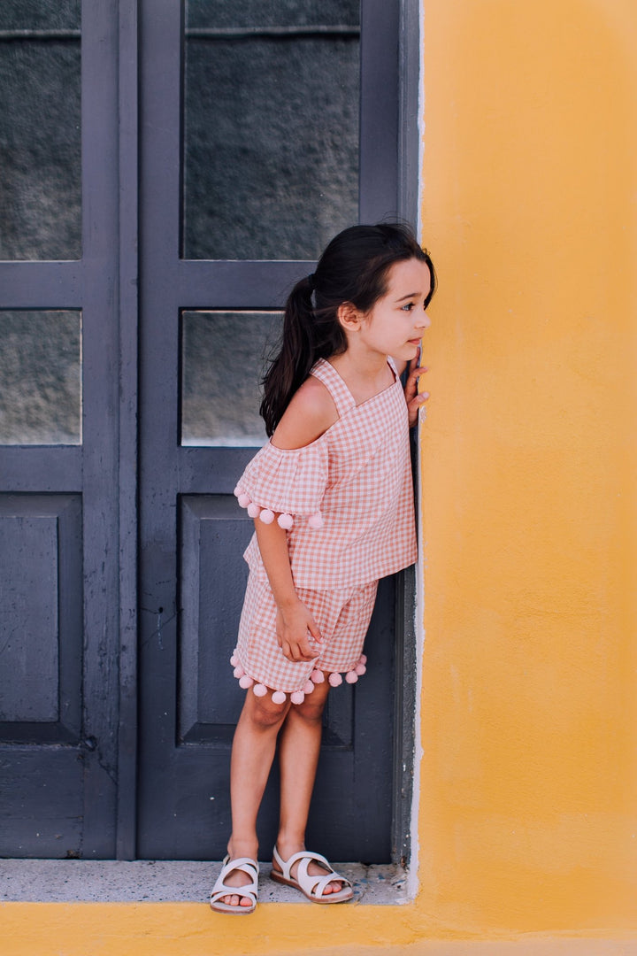 Pink Gingham Off Shoulder Top with Pompom - Petite Belle