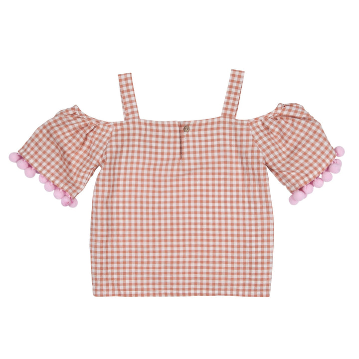 Pink Gingham Off Shoulder Top with Pompom - Petite Belle