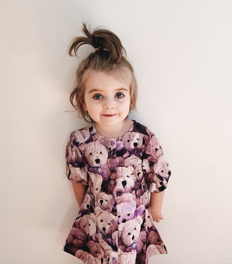 Purple Bears Puff Sleeves Dress - Petite Belle