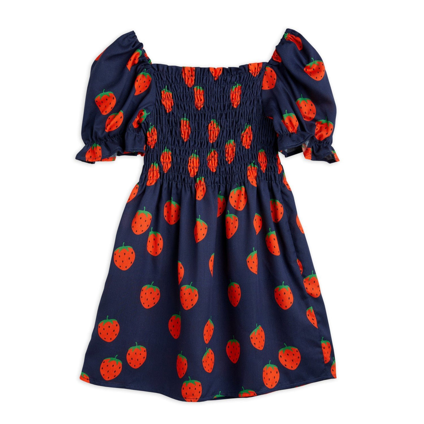 Strawberries Woven Puff Sleeves Dress in Blue by Mini Rodini - Petite Belle