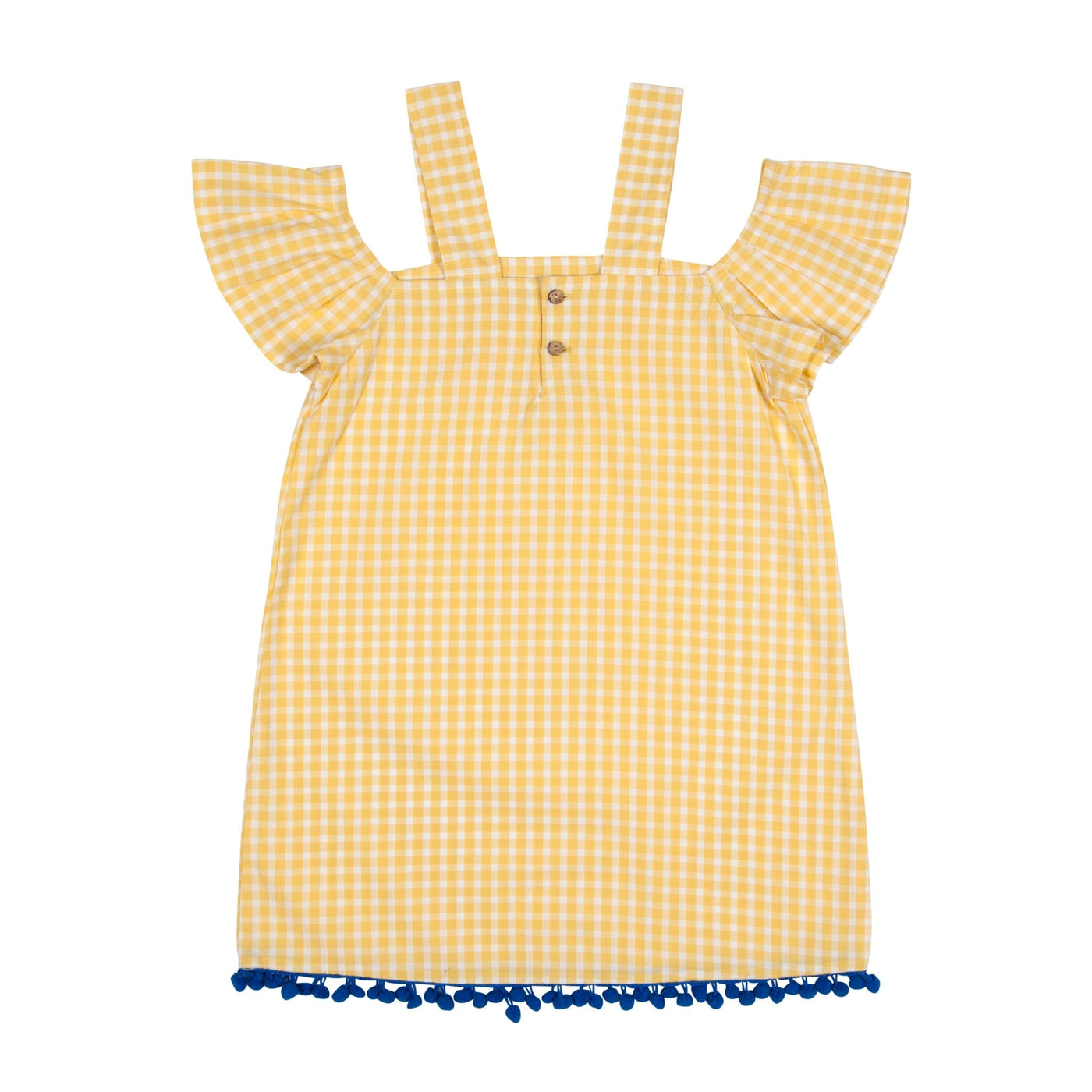 Yellow Gingham Off Shoulder Dress with Pompom - Petite Belle