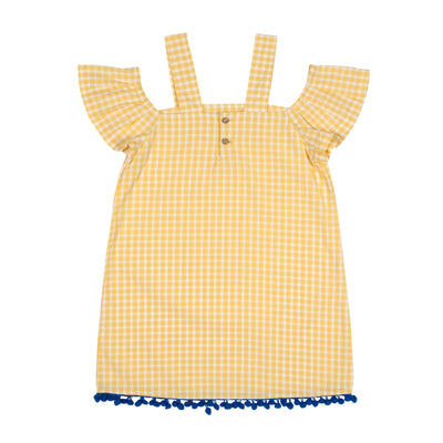 Yellow Gingham Off Shoulder Dress with Pompom - Petite Belle